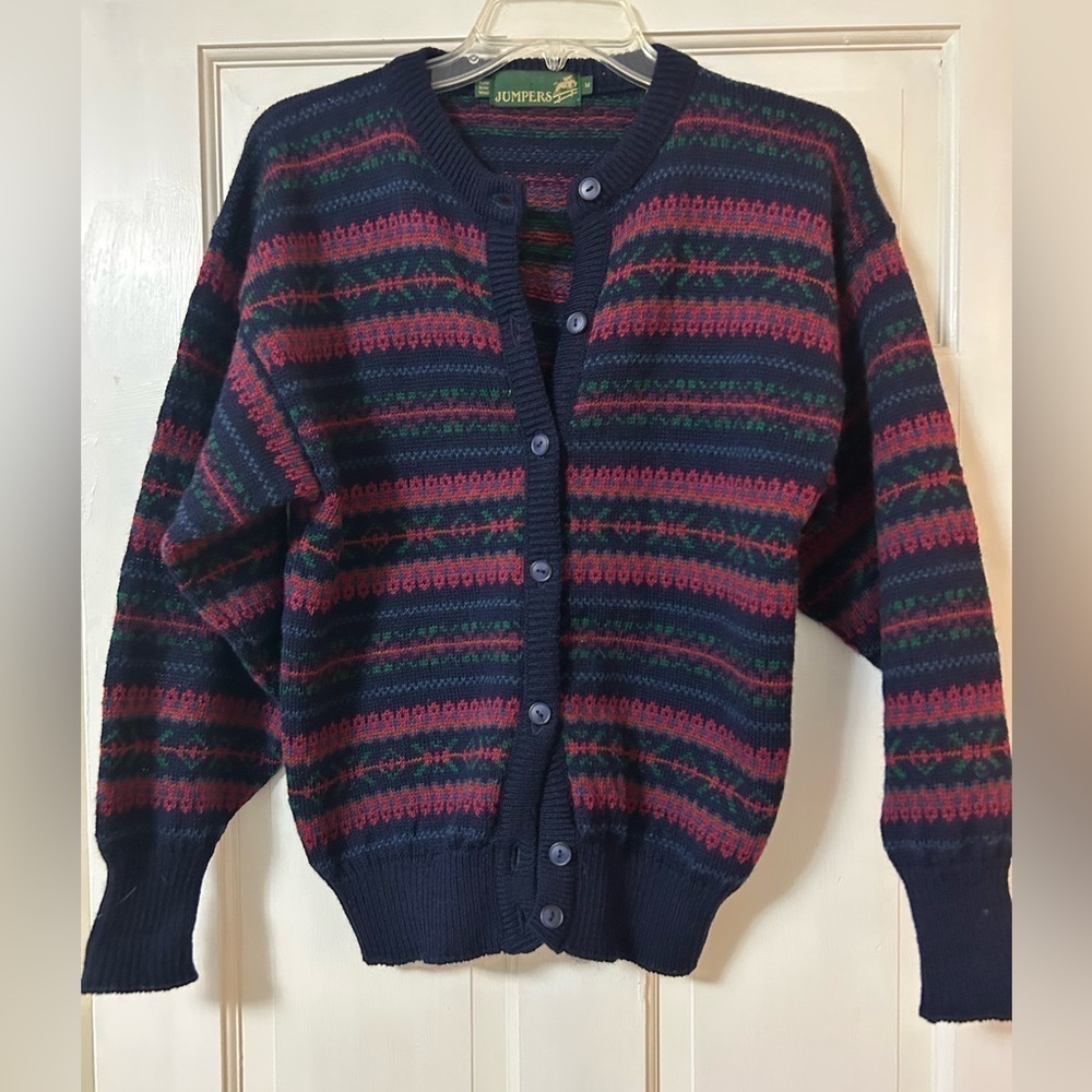 Vintage Jumpers New Pure Wool Fair Isle Navy Button Down Cardigan Sweater Medium